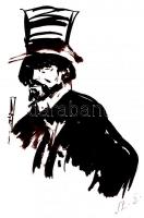 Sz.E jelzéssel: A cilinder kalapos férfi. Lavírozott tus, papír, üvegezett keretben, 26×14 cm