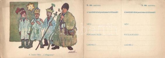 Csillagosok, magyar folklór, kinyitható tombola képeslap, s: Juszkó / Christmas, Hungarian folklore, opening raffle postcard, s: Juszkó