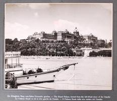 cca 1937 Budapest-fotóalbum 20db, beragasztott, eredeti, 4 nyelven feliratozott, nappali és éjszakai városképpel (24x30cm), félbőr kötésben / Budapest album, 20 photos with German, English, French and Italian descriptions, half-leather binding, 33x41cm