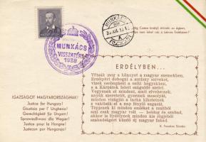 Irredenta verses levelezőlap  "Munkács visszatért" alkalmi bélyegzéssel