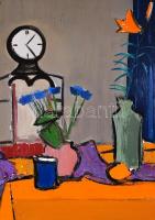 Jakab Eszter (1943-1989): Csendélet szürkében, sárgában és kékben. Olaj, farost, jelzett, keretben, ...