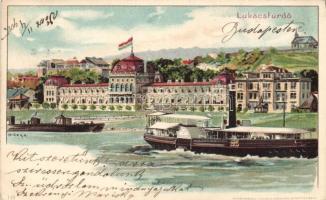Budapest II. Lukács fürdő, gőzhajó, litho s: Geiger R.
