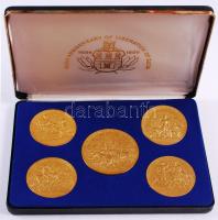 Bodó Sándor (1920-) 1986. "Buda felszabadításának 300. évfordulója" alkalmából az Amerikai Egyesült Államokban kiadott 5db klf nagyméretű aranyozott bronz emlékéremből álló komplett sorozata dísztokban és tanúsítvánnyal! T:1