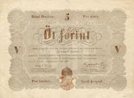 1848. 5Ft "Kossuth-bankó" barna, debreceni kiadás, előlapon kézzel írott sorszám hiányzik + lemezhibák, hátlapon csak szöveg, alapnyomat nélkül T:II RRR!!!