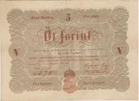 1848. 5Ft "Kossuth-bankó" barna /Debrecen római "V" erősen lecsúszva, hátlapon bal felső saroknál erős sötét festékelfolyás! T:II