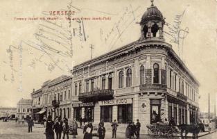 Versec Franz Joseph square, savings bank, the shops of Hugo Frisch, Johann Dimitrijevits and Josef Uncer