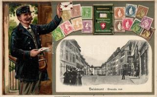 Delémont, postman, Swiss stamps, Emb. litho