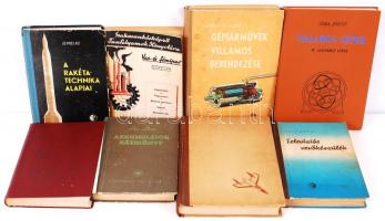 8db Technikai könyv: Analitikai zsebkönyv. 2. kiadás. Bp., 1960. Műszaki könyvkiadó. H. Mielke: A rakéta technika alapjai. Bp., 1962. Műszaki könyvk. Tábori Tóbert: Televíziós vevőkészülék. 3. kiadás, Bp., 1955. Műszaki kk. Liska József: Villamos gépek. IV. aszinkron gépek. Bp. 1968. Tankönyvkiadó. Stb.