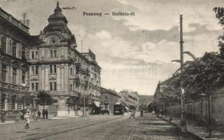 Pozsony Stefánia street, the shop of Ernő Liebel, tram (fa)