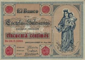 Spanyolország / Barcelona 1924. Szalézi Rend iskoláinak utalványa 50c értékben T:hajtatlan, szélek kopottak Spain / Barcelona 1924. Voucher of the Salesians of Don Bosco's schools in the amount of 50 centimos C:unfolded, worn edges
