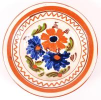 Kézzel festett, mázas, népi kerámia falitál /  Hand painted folkloristic plate, d: 20cm