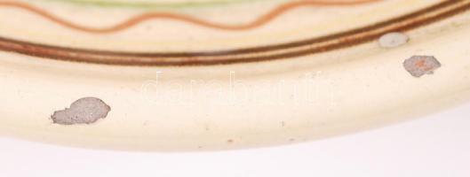 Jelzés nélküli, zománcozott, festett népi kerámia falitányér, apró lepattanásokkal