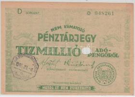 1946. 10.000.000AP nem kamatozó Pénztárjegy "Másra Át Nem Ruházható" és "M.Kir.Postatakarékpénztár Főpénztár 1946. Jul.4." felülbélyegzéssel és lyukasztva T:I-