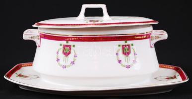 cca 1900 "Thuroczy Kálmán - Kolozsvár" jelzéssel, részben kézzel festett, aranyozott porcelán szószos tál /  Vintage sauce bowl from Cluj, 23x17x9cm