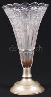 Ólomkristály váza fém talapzaton (száján apró lepattanás) /  Crystal vase on metal stand (minor fault on edge), 32cm