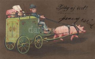 New Year, pig cart, litho (fl)