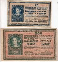 1918. 25K "3118" hullámos hátlap + 200K "2081" hullámos hátlap T:III-,IV