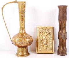 Réz tétel: asztali levél nehezék, váza, sérült kiöntő