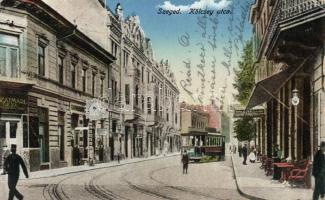 Szeged, Kölcsey utca, Szatmári Géza üzlete, Hotel Royal Szálloda, Hölgy fodrászat, villamos (fa)