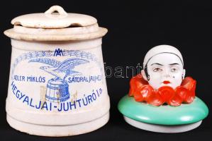 Juhtúró tartó, fajansz, sérült m:14 cm és porcelán fedél, bohóc fejjel, d:8 cm