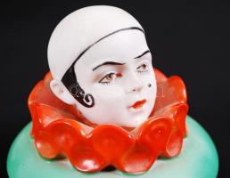 Juhtúró tartó, fajansz, sérült m:14 cm és porcelán fedél, bohóc fejjel, d:8 cm
