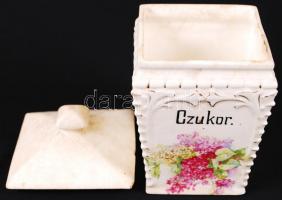 Fajansz fedeles cukortartó, jelzés nélküli, sérült, matricás, m: 19 cm