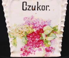 Fajansz fedeles cukortartó, jelzés nélküli, sérült, matricás, m: 19 cm