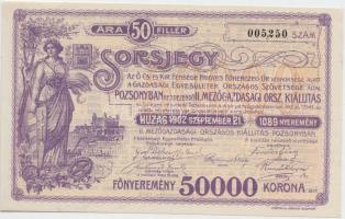 1902. "Pozsonyban Rendezendő II. Mezőgazdasági Országos Kiállítás" sorsjegye 50f értékben, főnyeremény 50.000K T:I-