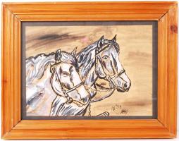 Deák jelzéssel: Lovak. Vegyes technika, papír, üvegezett keretben 42×33 cm