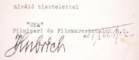 1947 Willy Fritsch (1901-1973) német színművész aláírt fotója az UFA Filmipari és Filmkereskedelmi R...