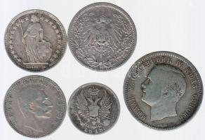 Vegyes 5db-ból álló külföldi ezüstpénz tétel T:vegyes