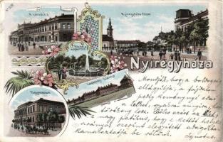 1898 Nyíregyháza, Városháza, Főtér, Főgimnázium, Népkert, Lovassági laktanya, litho (EB)