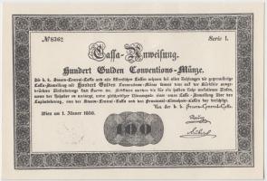 Ausztria 1850. Részvény-utalvány 100 Gulden-ről fakszimile T:I- Austria 1850. "Cassa-Anweisung" 100 Gulden Conventions-Münze" facsimile C:AU