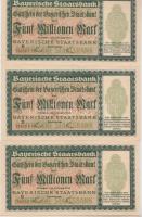 Német Birodalom/Weimari Köztársaság/München/Bayerische StaatsBank 1923. 5.000.000M (3x) kettő egymás utáni sorszámmal T:II(hajtatlanok, csak szamárfülek) Germany-Weimar Republic/Munich/Bayerische StaatsBank 1923. 5.000.000 Mark (3x) two with sequential serials C:XF(unfolded, just crease)