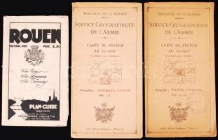 1925-1926 3 db francia várostérkép: Rouen, Paris, Corbeil