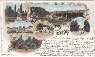 Topusko mud bath, fountain, church, litho (cut)