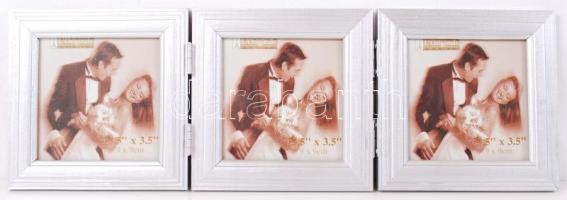 Három részes, összecsukható és kinyitható fa képkeret, üveggel, ezüst színben, eredeti csomagolásban...