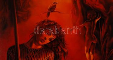 Badacsonyi Sándor (1949-): Zászlótartó. Olaj, fa, szép keretben, 76×65 cm