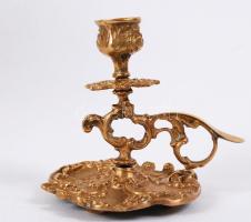 cca 1900 Szecessziós stílusú, hordozható, réz séta gyertyatartó, jelzett (Mezler), m:11 cm  /  Brass candle stick