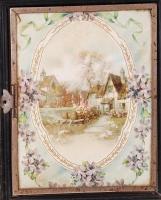 cca 1900 Antik hármas falitükör litografált képekkel, aranyozott fakeretben. A középső elem, illetve...