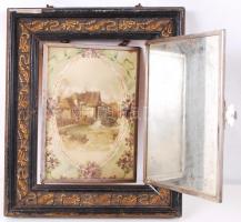 cca 1900 Antik hármas falitükör litografált képekkel, aranyozott fakeretben. A középső elem, illetve...