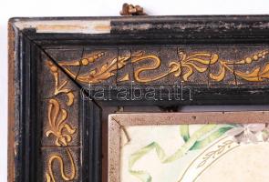 cca 1900 Antik hármas falitükör litografált képekkel, aranyozott fakeretben. A középső elem, illetve...