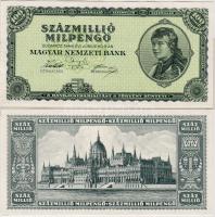 1946. 100.000.000Milpengő csak előlap, hátoldalán gépszínátnyomat + csak hátlap, hátoldalán gépszínátnyomat! T:I RRR!!! Eddig valószínüleg az első felbukkant példány!