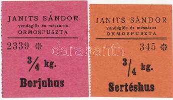 Ormospuszta "Janits Sándor vendéglős és mészáros" húsjegyei, 2 klf db T:I