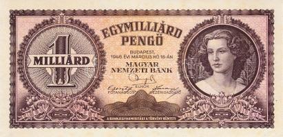 1946. 1.000.000.000P sorozat és sorszám nélkül! T:I-(foltok) R! Hungary 1946. 1.000.000.000 Pengő without serial numbers C:AU(spots) Rare! Adamo P28h