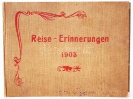 1903 Reise-Erinnerungen. Fotóalbum 60db felvétellel Albert Gastelltől Szinell Jánosnak ajánlva a Hopp Ferenccel (1833-1919) közösen tett Föld körüli útjuknak San Francisco és Peking közötti szakaszáról. Dombornyomott, szecessziós egészvászon kötésben, az előzéklapon kézzel írt ajánló sorokkal: Albert Gastell s/l. Reisegefährten Herrn Janós [sic] Szinell, Budapest zur freundlichen Erinnerung an die gemeinsame Reise von San Francisco bis Peking. [...] im Dezember 1904 / 1903 Photo album with 60 pictures of the journey of Ferenc Hopp and János Szinell from San Francisco to Beijing (mainly of Beijing), linen binding, good condition