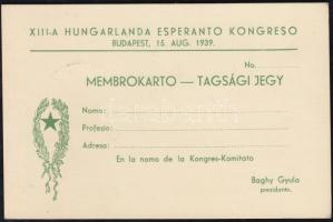 1939 Magyar Eszperantó Kongresszus kitöltetlen tagsági jegy
