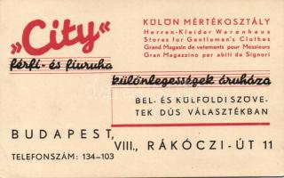 "City" férfi- és fiúruha különlegességek áruháza, Budapest VIII. Rákóczi út 11., reklám, So. Stpl / "City" store for gentleman's clothes, advertisement, So. Stpl (fa)