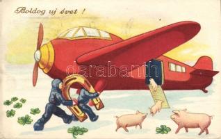 New Year, aeroplane, pig boarding, pilots with horseshoe (EK)