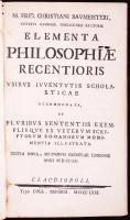 Fried[rich]. Christian Baumeister: Elementa philosophiae recentioris usibus iuventutis scholasticae accomodata, et pluribus sententiis exemplisque ex veterum scriptorum romanorum monumentis illustrata. Editio nova, secundum exemplar Lipsiense anni MDCCLV. Claudiopoli (Kolozsvár/Cluj), 1771, typis Coll. Reform. Korabeli, bordázott gerincű, egészbőr kötésben, megkopott aranyozással, a gerincen sérülésekkel, az első 38 oldalon molyrágás nyomaival. Az előzéklapon tulajdonosi bejegyzés, az utolsó három lapon "Gradus Anni 1788" cím alatt személynevek, helynevek, illetve a nevezett személyek további sorsára vonatkozó kéziratos feljegyzések olvashatók